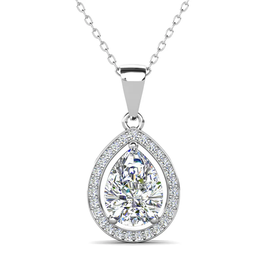 Isabel 18k White Gold Plated Halo Teardrop Necklace with Simulated Diamond Crystal