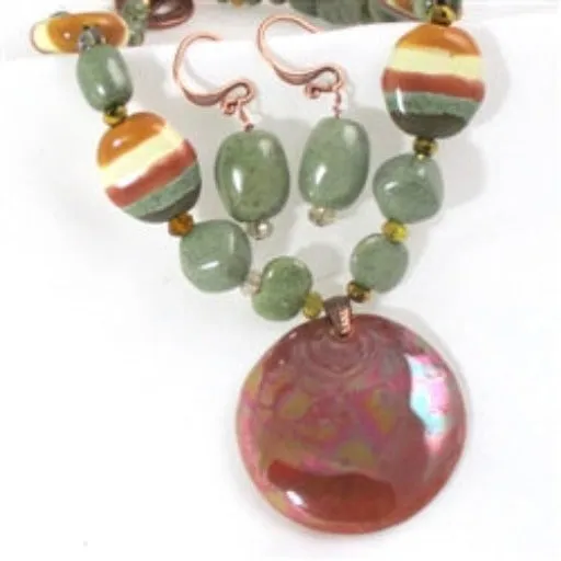 Kazuri Green & Cream Necklace & Earrings Fair Trade Pendant