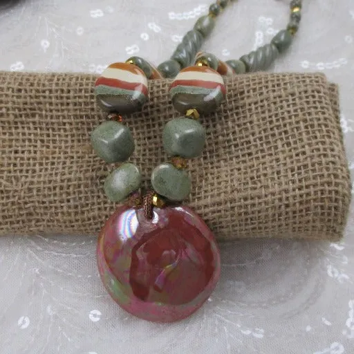 Kazuri Green & Cream Necklace & Earrings Fair Trade Pendant