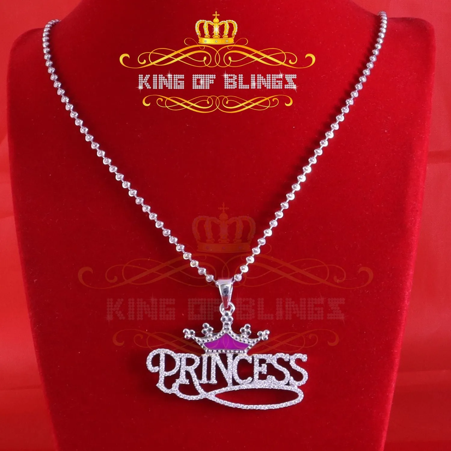 King Of Bling's 3ct Real Moissanite 925 Silver "PRINCESS" with Pink Enamel crown White Pendant