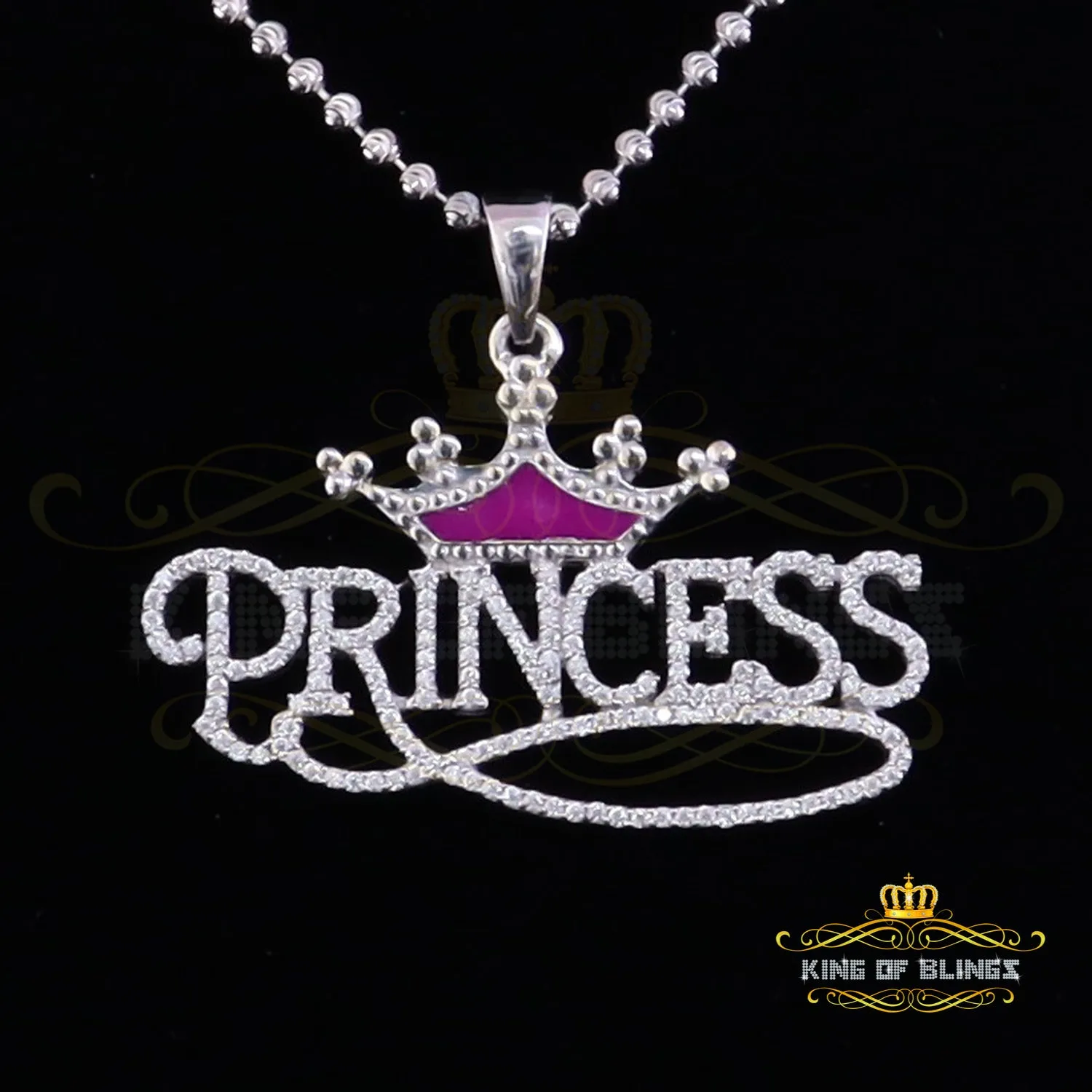 King Of Bling's 3ct Real Moissanite 925 Silver "PRINCESS" with Pink Enamel crown White Pendant