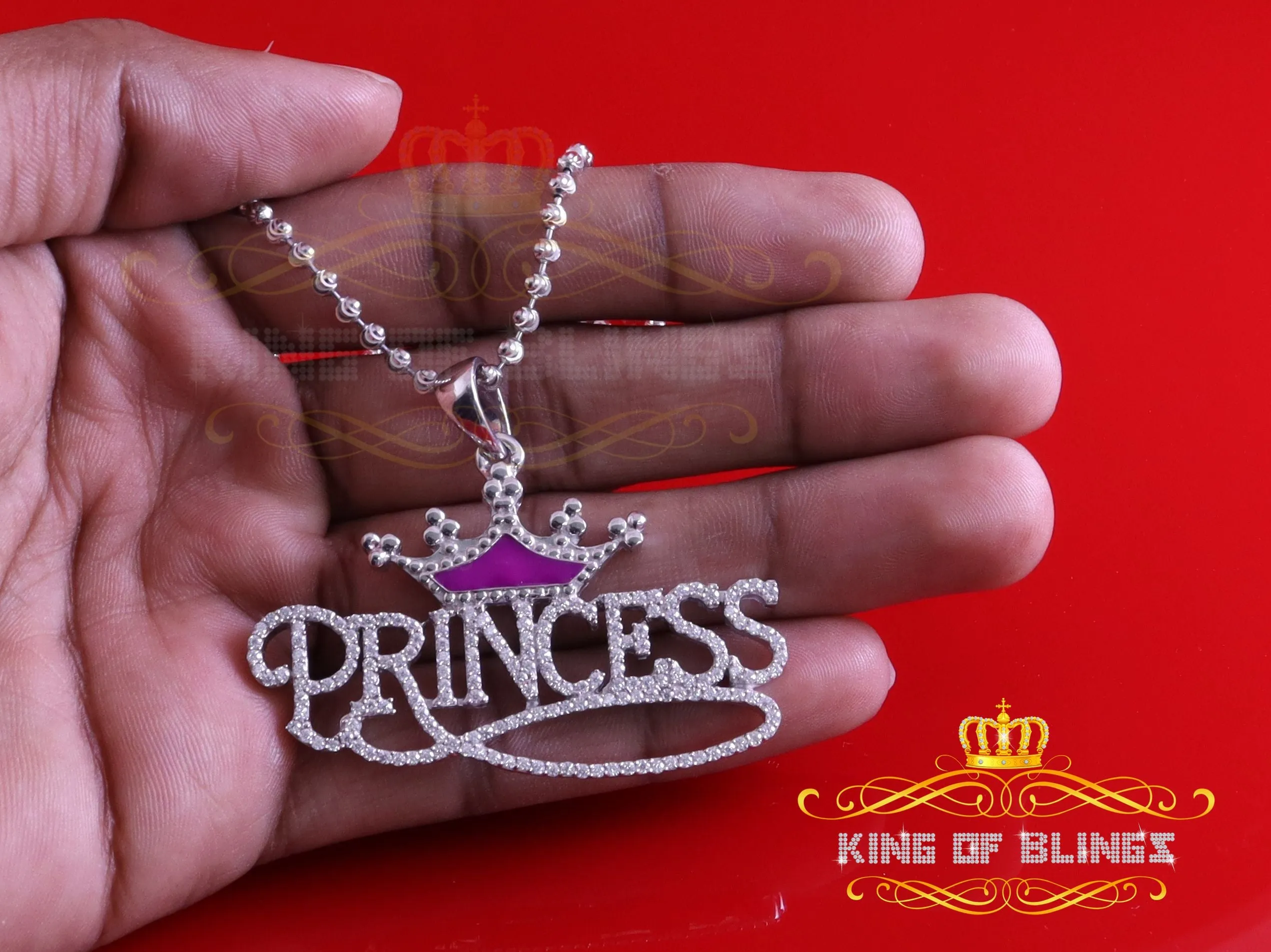 King Of Bling's 3ct Real Moissanite 925 Silver "PRINCESS" with Pink Enamel crown White Pendant