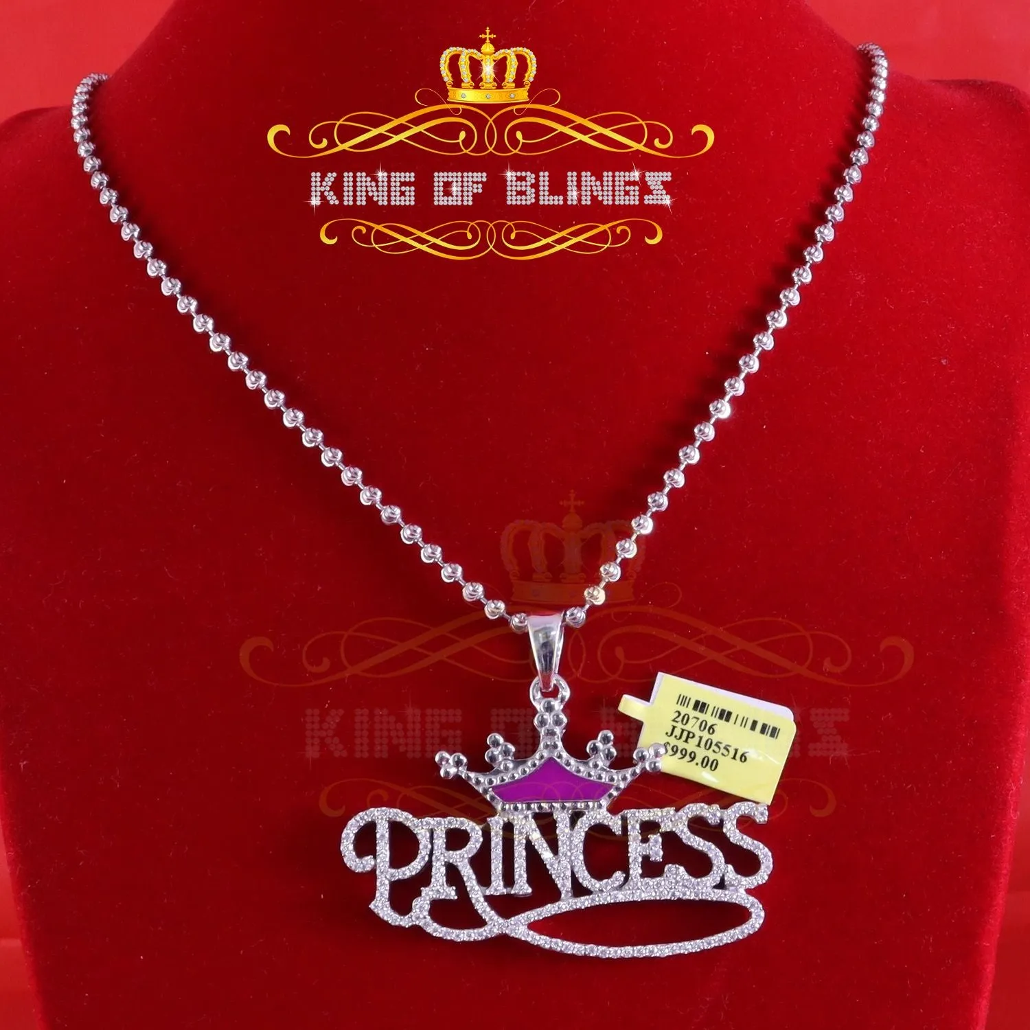 King Of Bling's 3ct Real Moissanite 925 Silver "PRINCESS" with Pink Enamel crown White Pendant