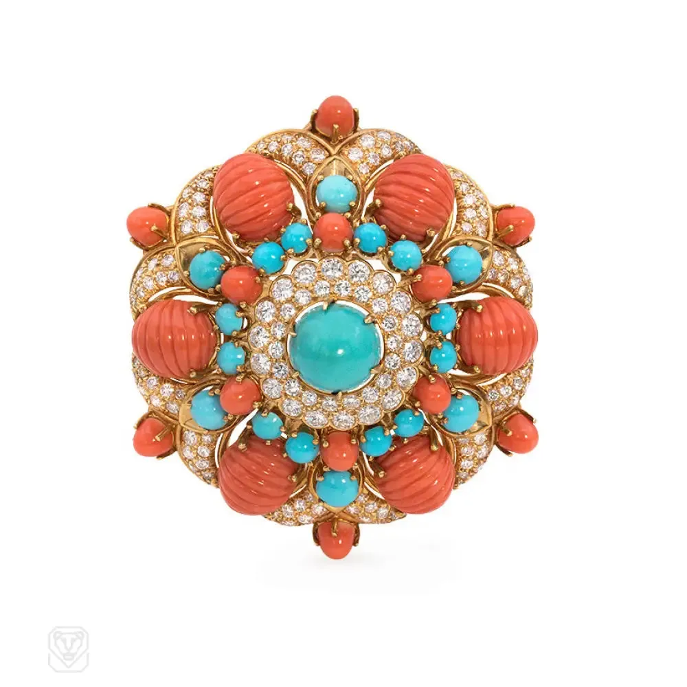 Mid-century coral, turquoise, and diamond bombé florette brooch