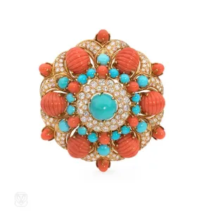 Mid-century coral, turquoise, and diamond bombé florette brooch