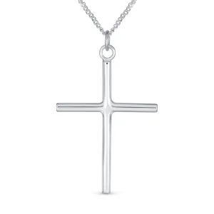 Minimalist Large Tube Cross Pendant Necklace for Teens in Polished Sterling Silver