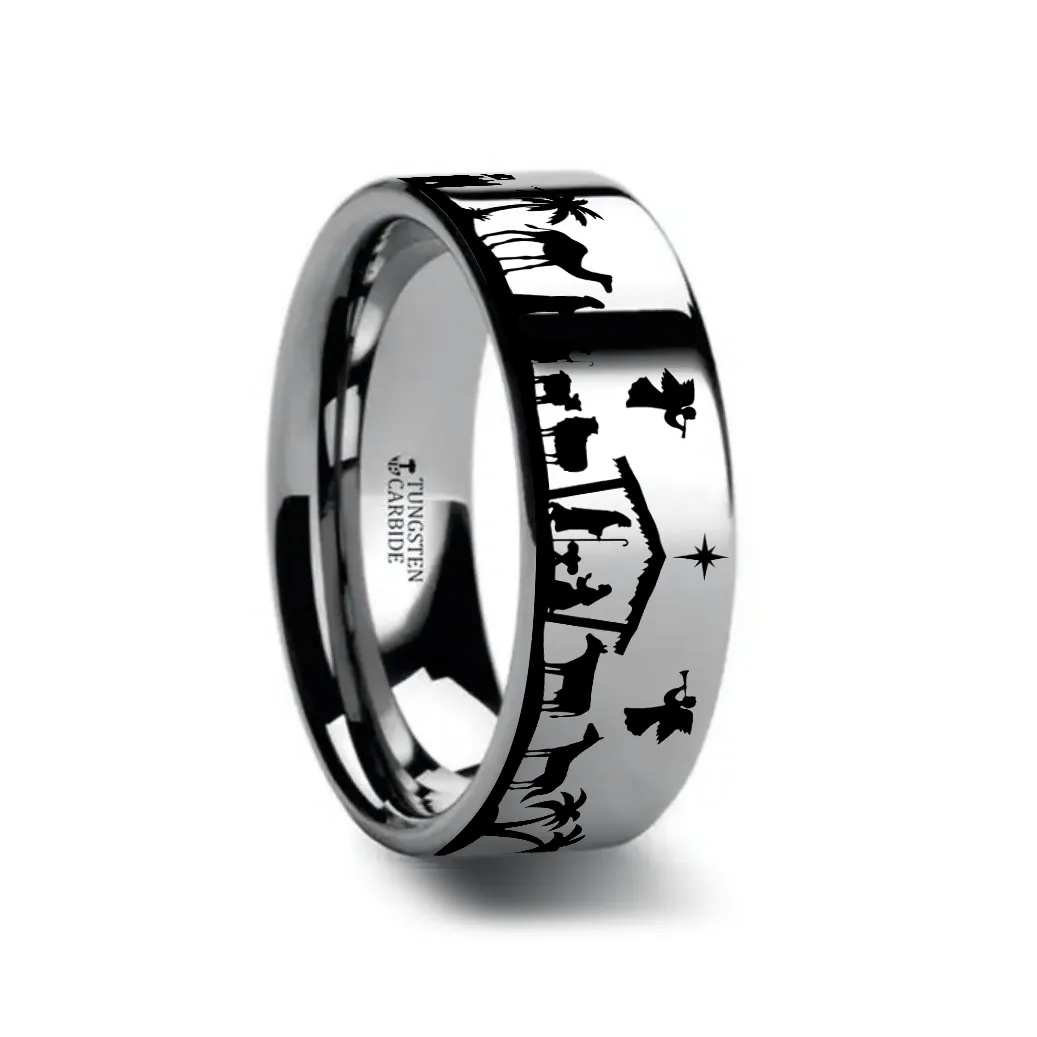 NATIVITY SCENE on Flat Tungsten Carbide Ring