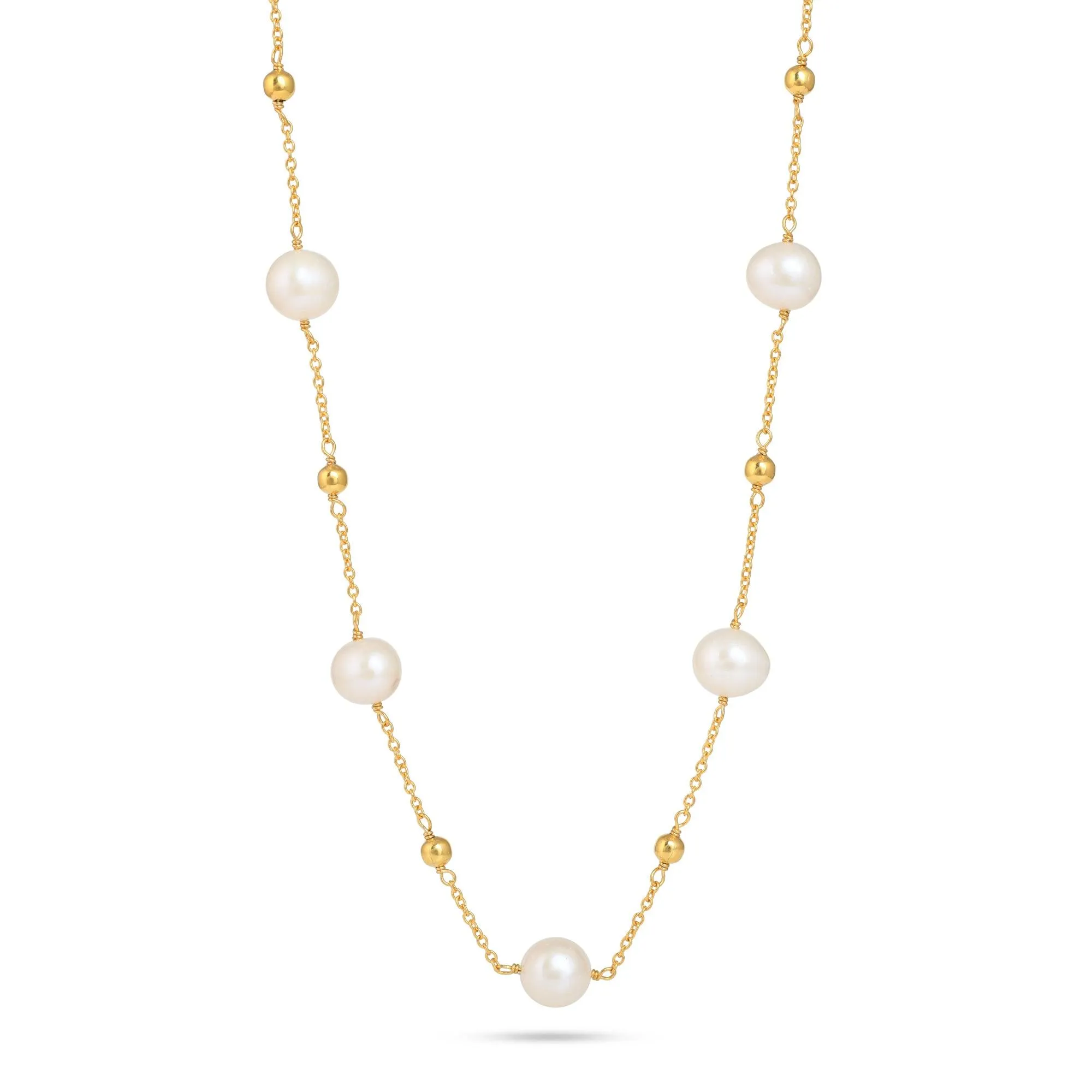 Natural Pearl Beaded Silver Balls Necklace/ 18kt Gold Plated - From Purl