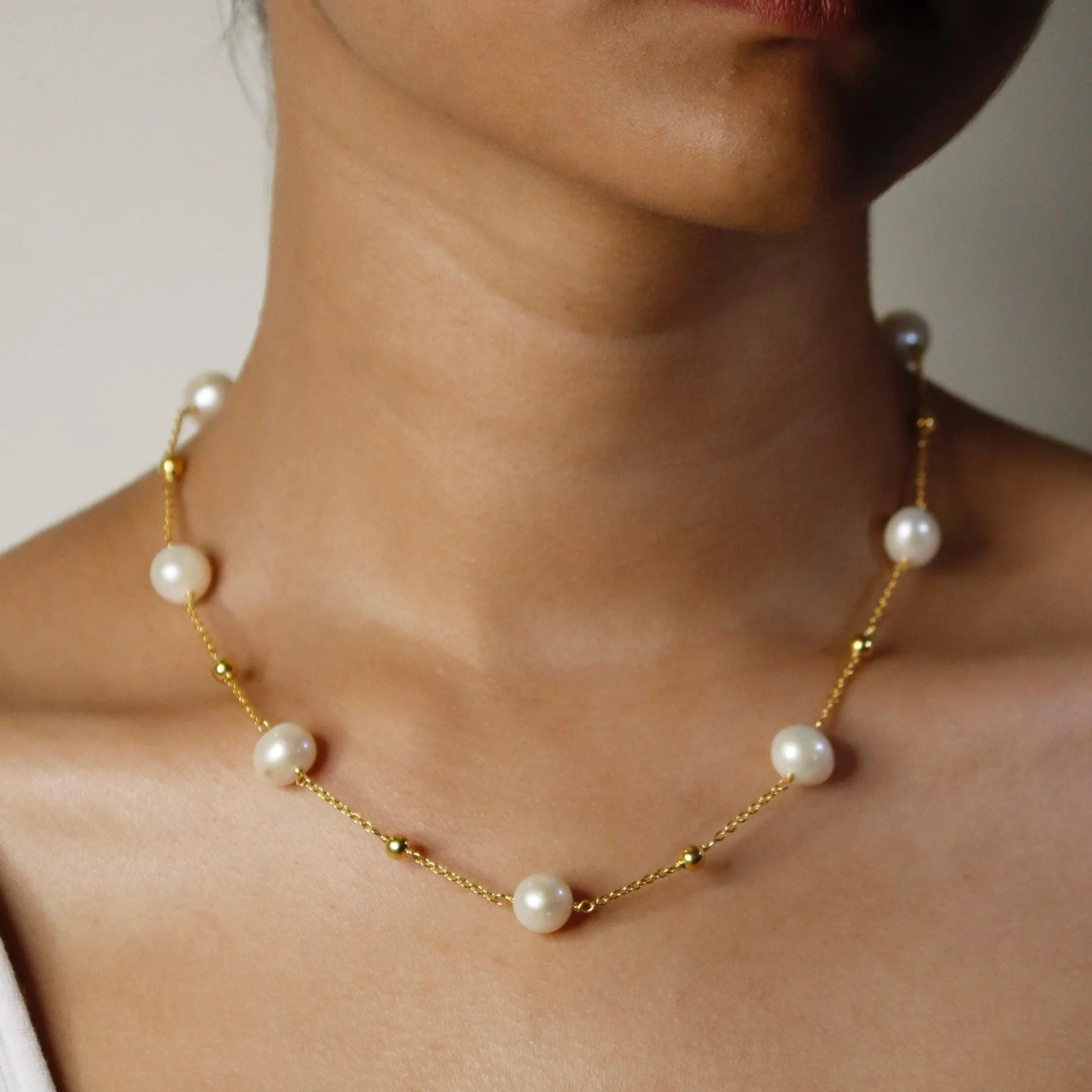 Natural Pearl Beaded Silver Balls Necklace/ 18kt Gold Plated - From Purl