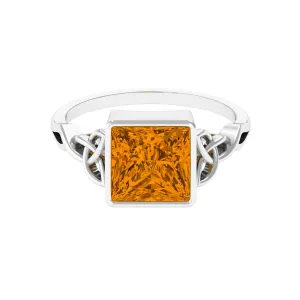 Natural Princess Cut Citrine Solitaire Celtic Ring in Bezel Setting