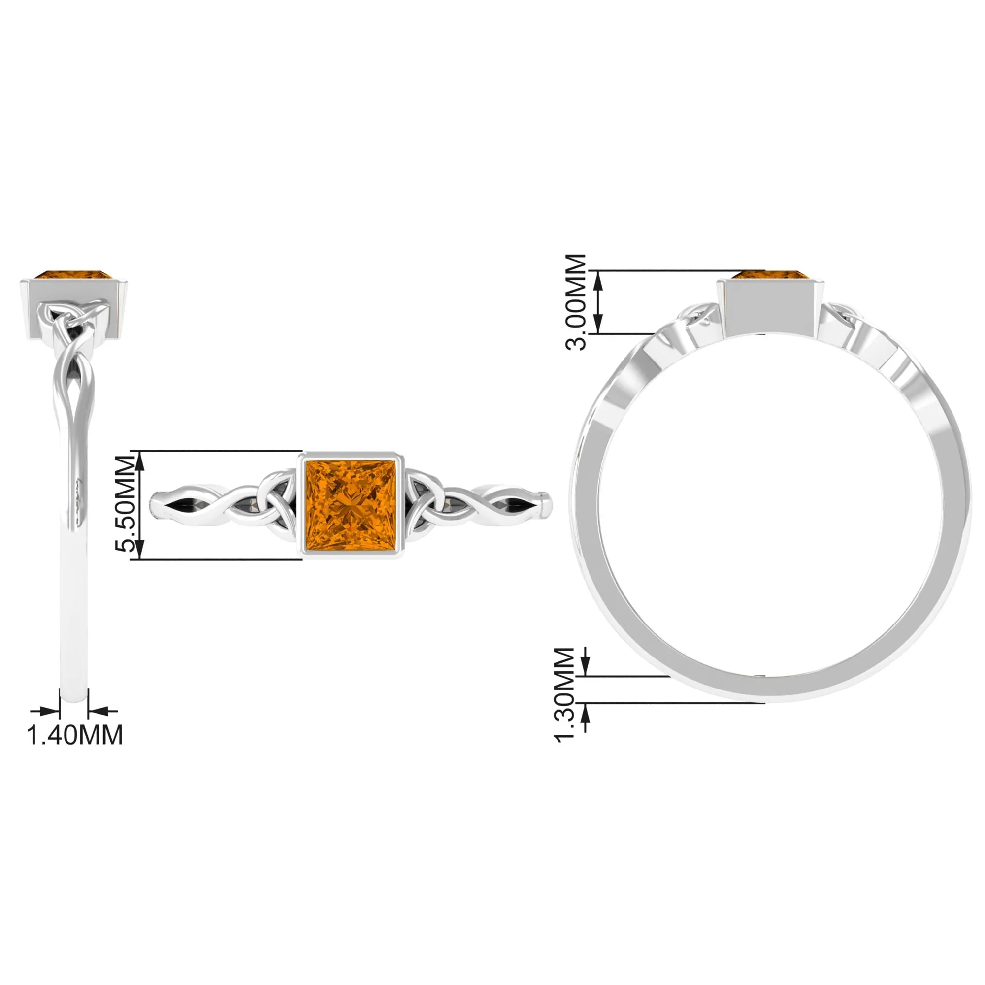 Natural Princess Cut Citrine Solitaire Celtic Ring in Bezel Setting