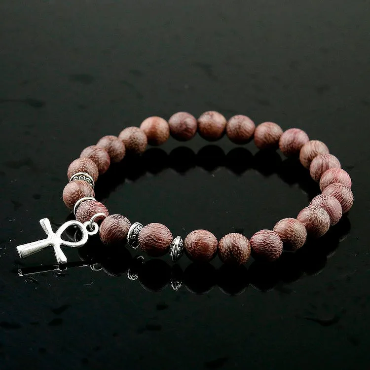 Natural Violets Wood Egypt Hieroglyphs  Ankh Cross Bead Bracelet