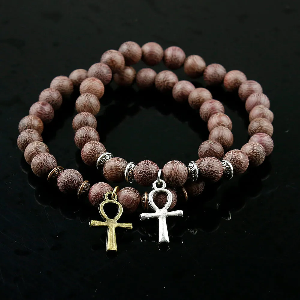 Natural Violets Wood Egypt Hieroglyphs  Ankh Cross Bead Bracelet