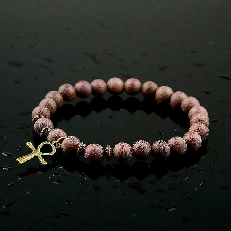 Natural Violets Wood Egypt Hieroglyphs  Ankh Cross Bead Bracelet