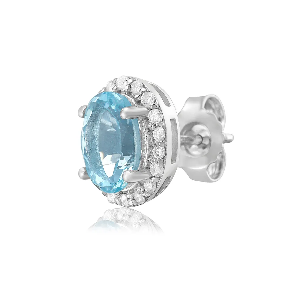 Oval Cut Aquamarine with Diamond Halo Earrings (1.80 ct.) in 14K Gold