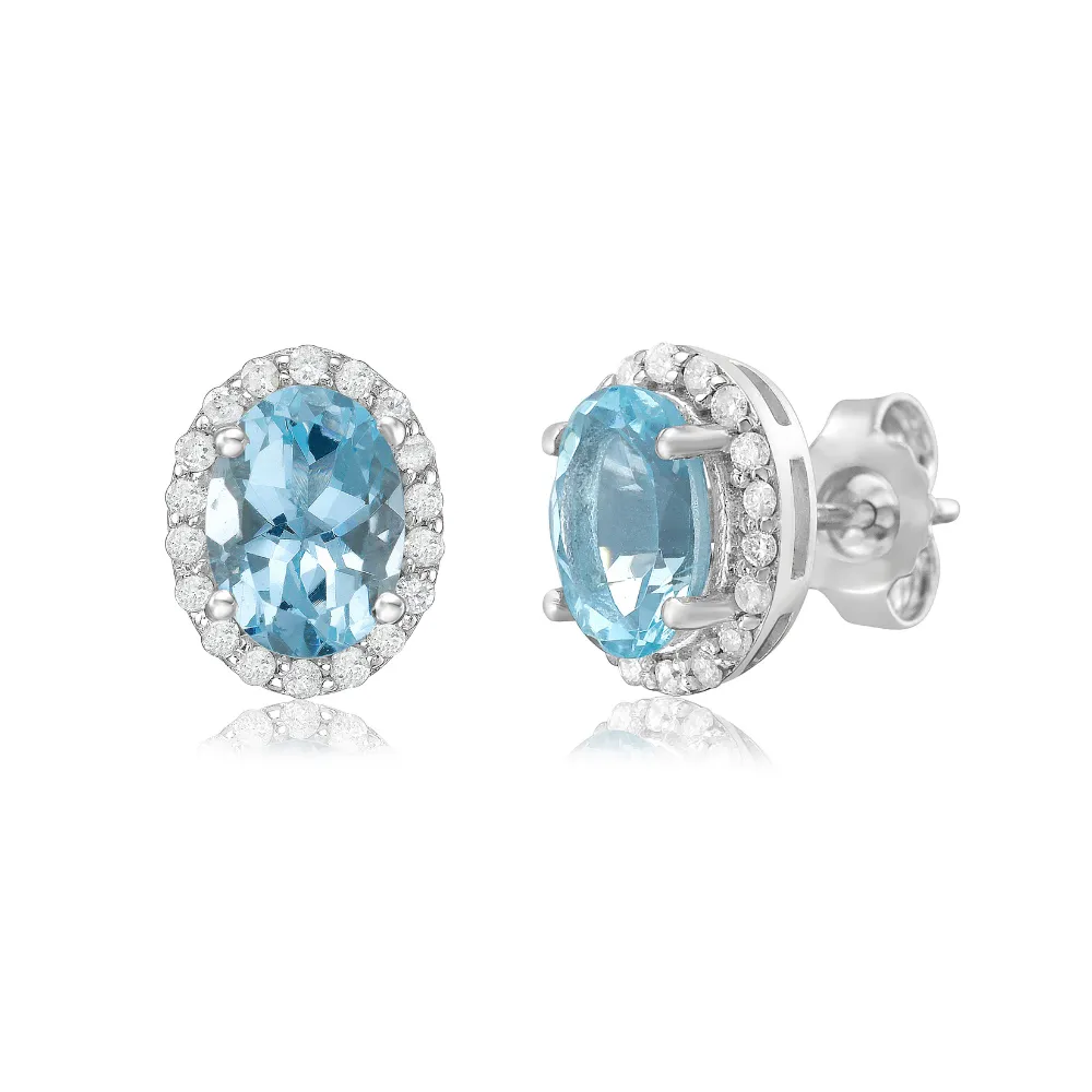 Oval Cut Aquamarine with Diamond Halo Earrings (1.80 ct.) in 14K Gold