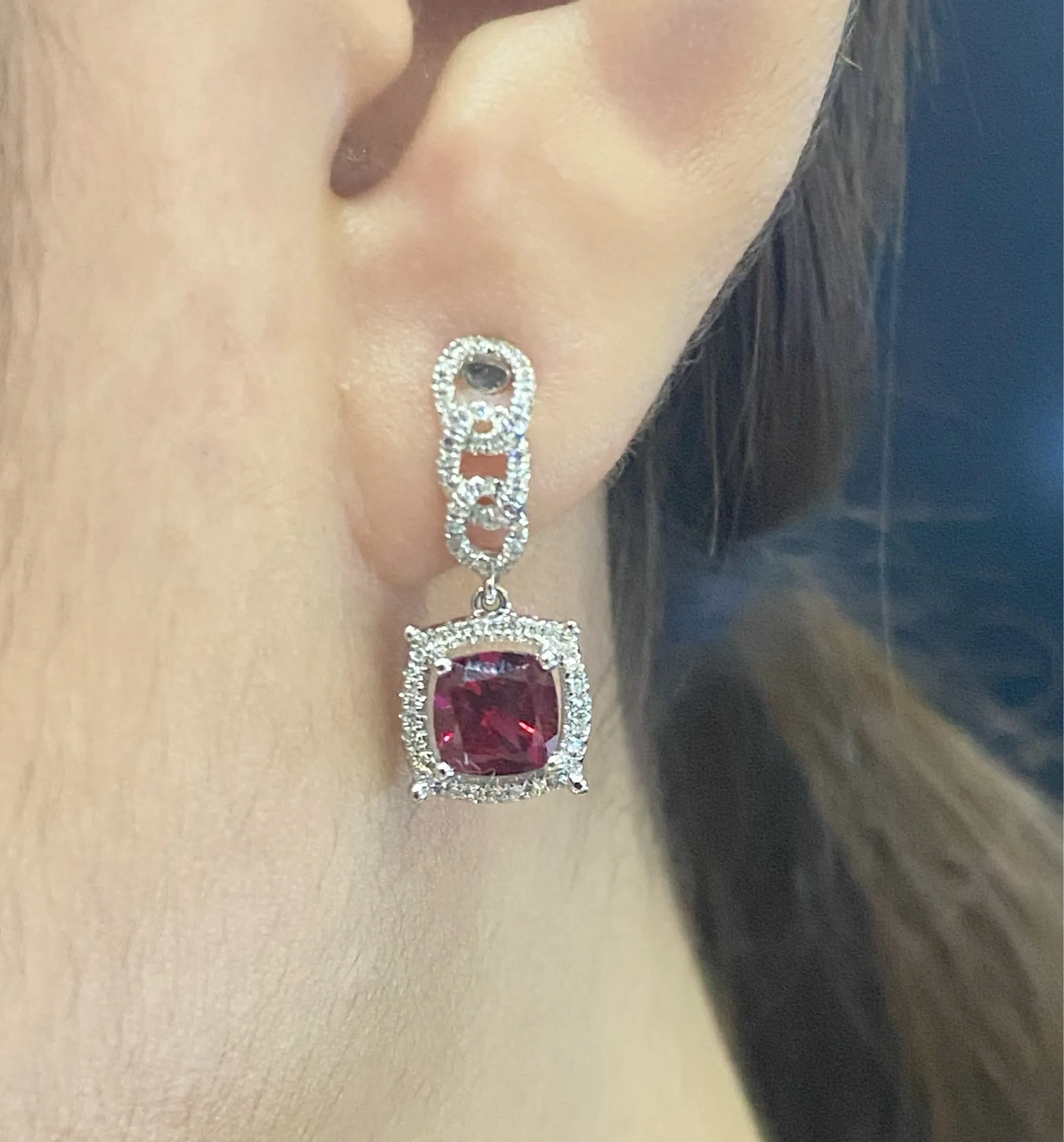 PREORDER | Chain Red Ruby Gemstones Diamond Dangling Earrings 14kt