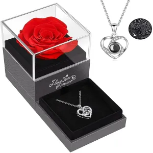 Preserved Red Real Rose with I Love You Necklace in 100 Languages, Eternal Flowers Mothers Day Rose Gifts for Mom Wife Girlfriend