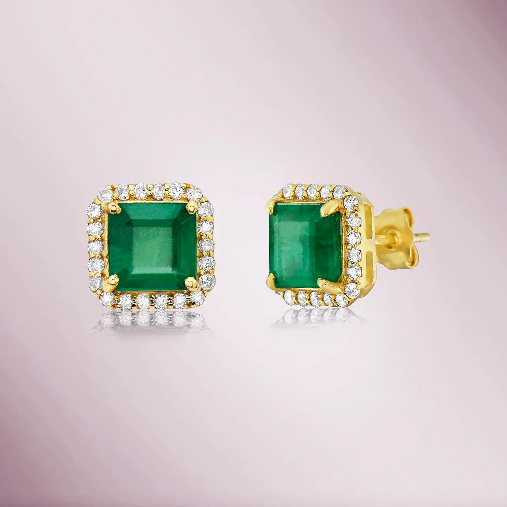 Princess Cut Emerald With Diamond Halo Studs Earrings (2.64 ct.) in 14K Gold