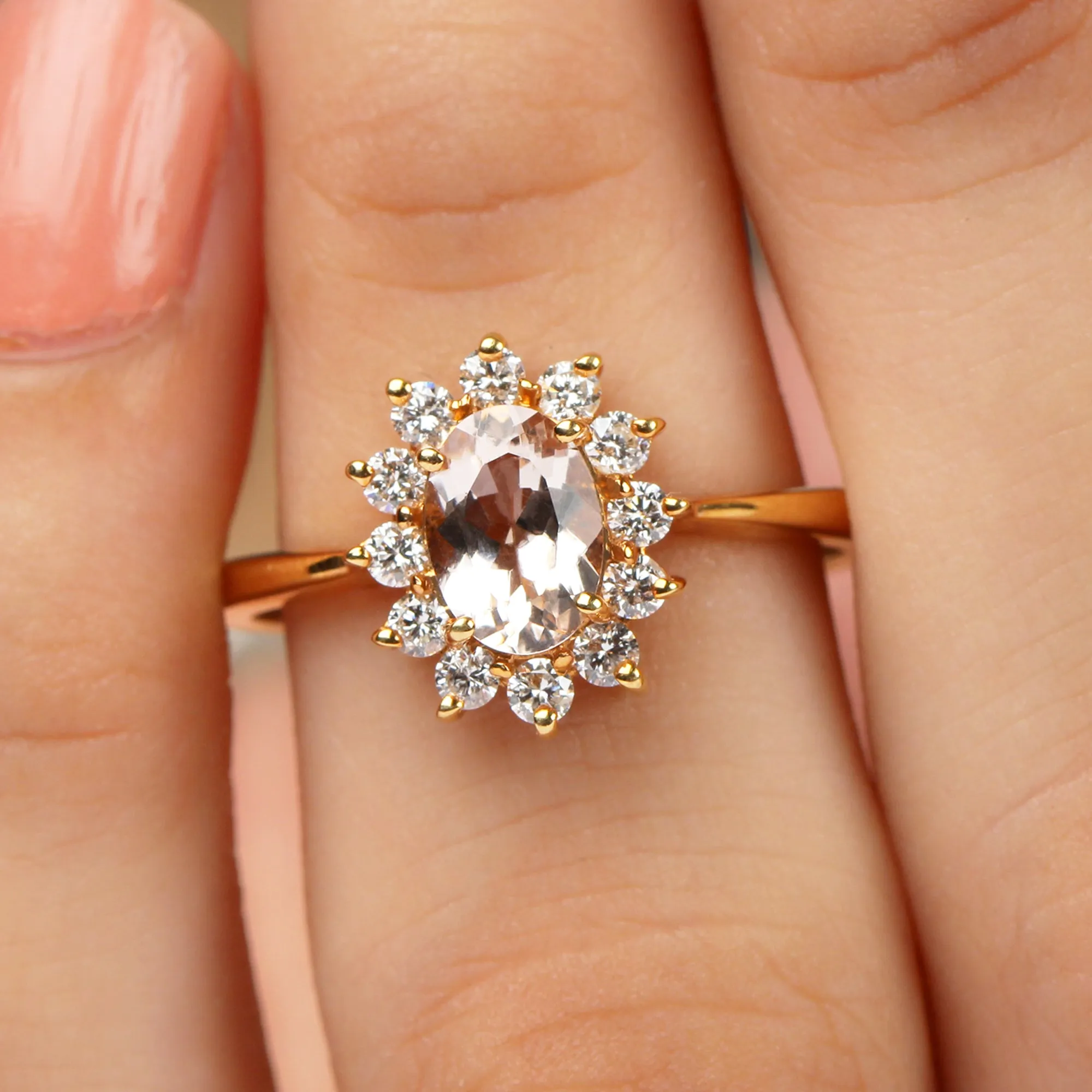 Princess Diana Inspired Morganite Engagement Ring with Diamond Halo