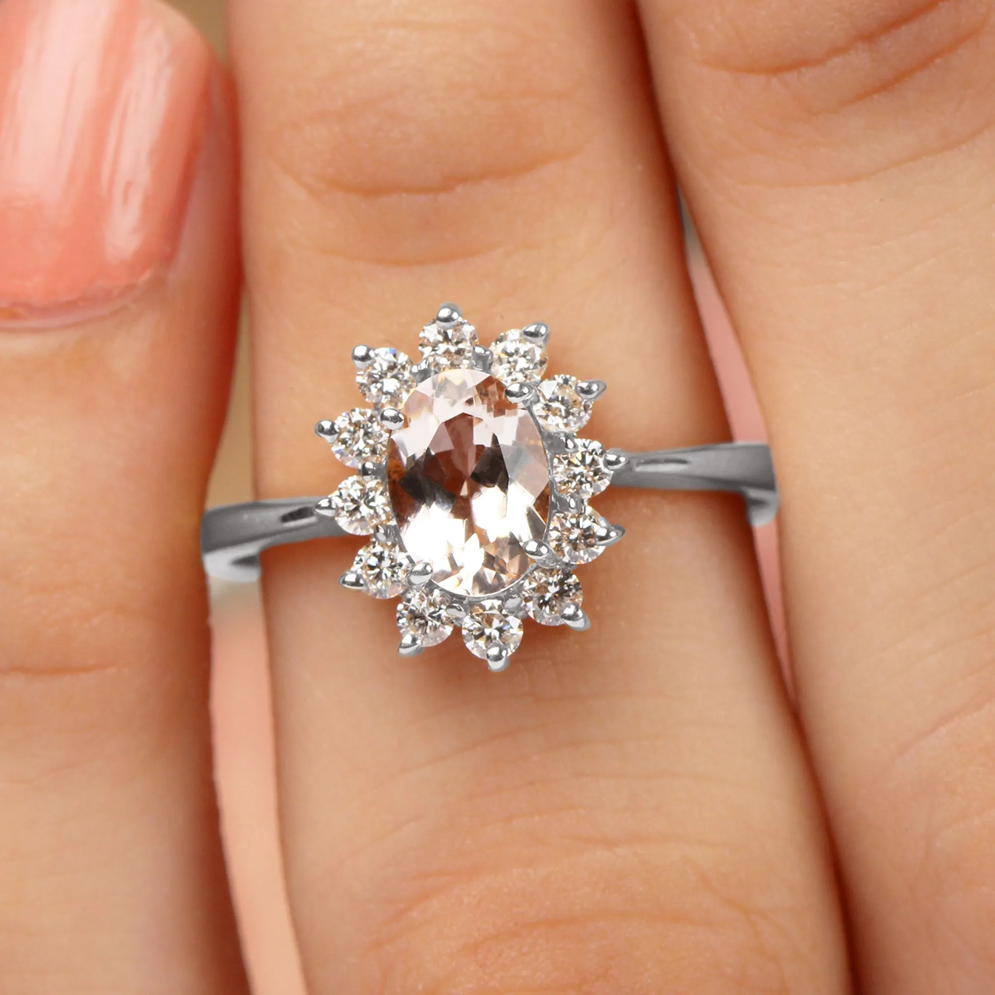 Princess Diana Inspired Morganite Engagement Ring with Diamond Halo