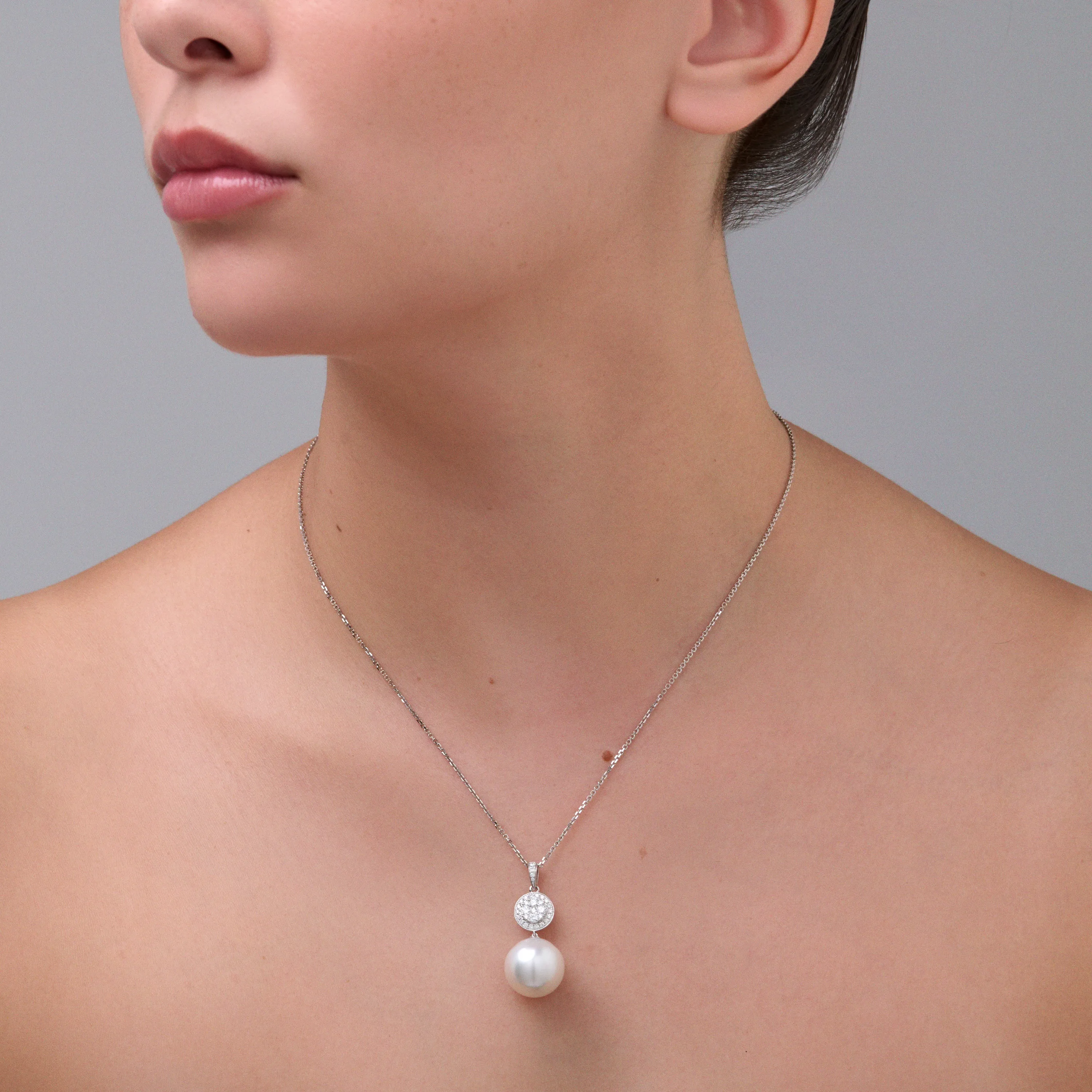 Promise Pearl Necklace with Round Diamond Halo Pendant