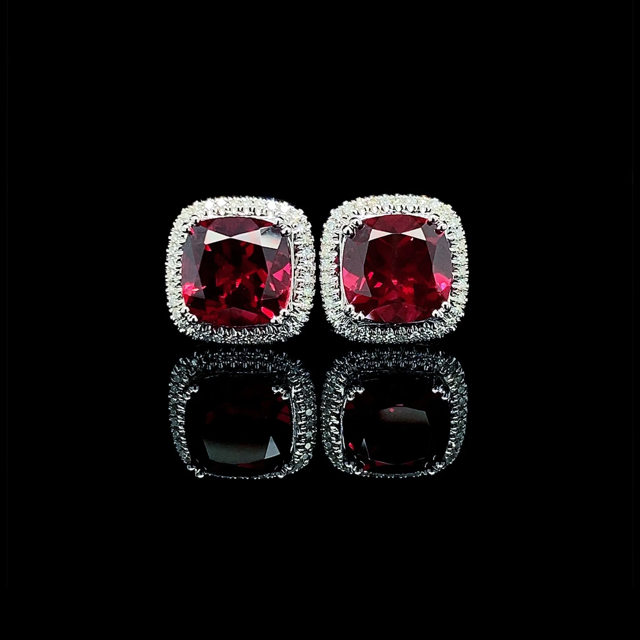 Red Ruby Cushion Gemstones Diamond Earrings 14kt