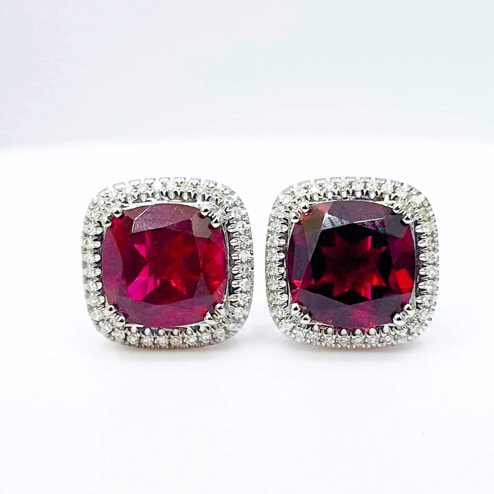 Red Ruby Cushion Gemstones Diamond Earrings 14kt