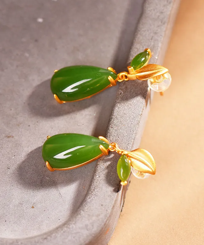 Retro Green Sterling Silver Overgild Jade Water Drop Drop Earrings GH1019