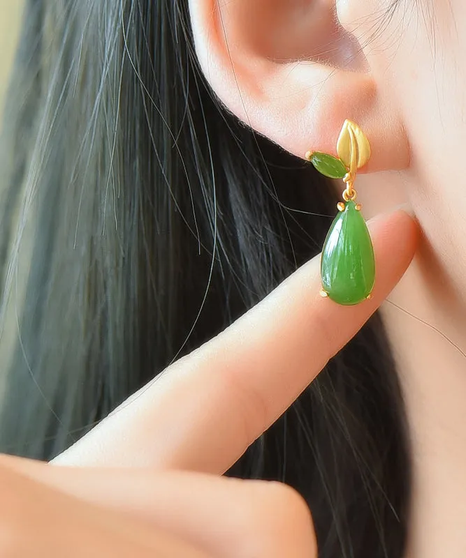 Retro Green Sterling Silver Overgild Jade Water Drop Drop Earrings GH1019