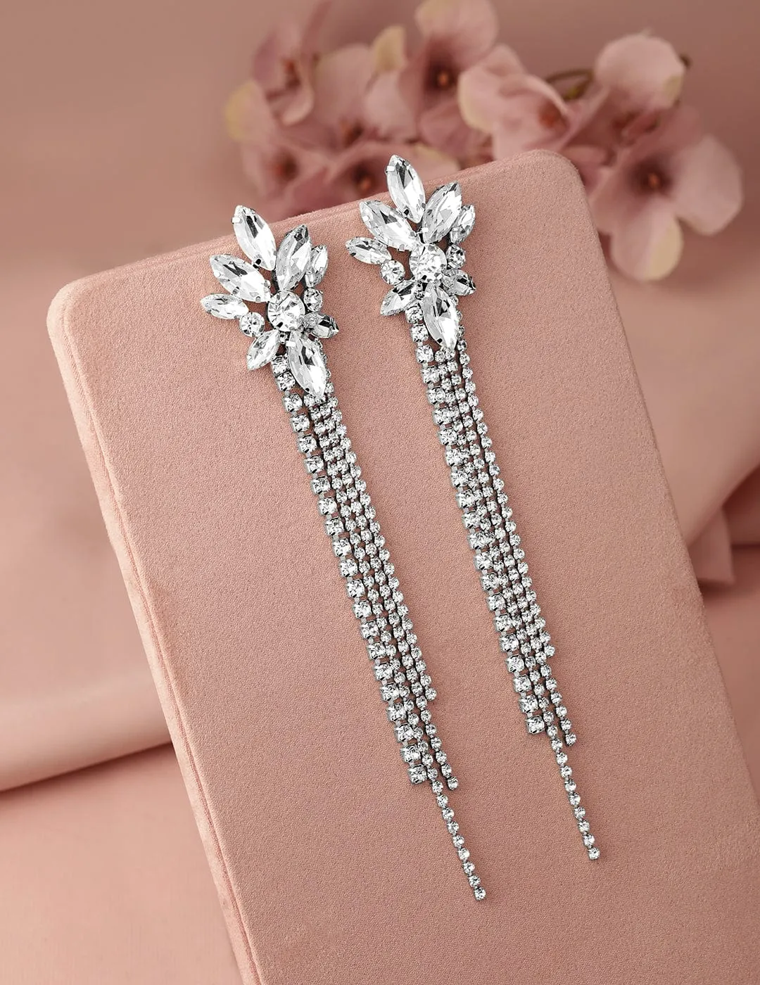 Rhodium Plated Crystal AD & Zirconia Studded Multi-Layer Shoulder Duster Drop Earrings