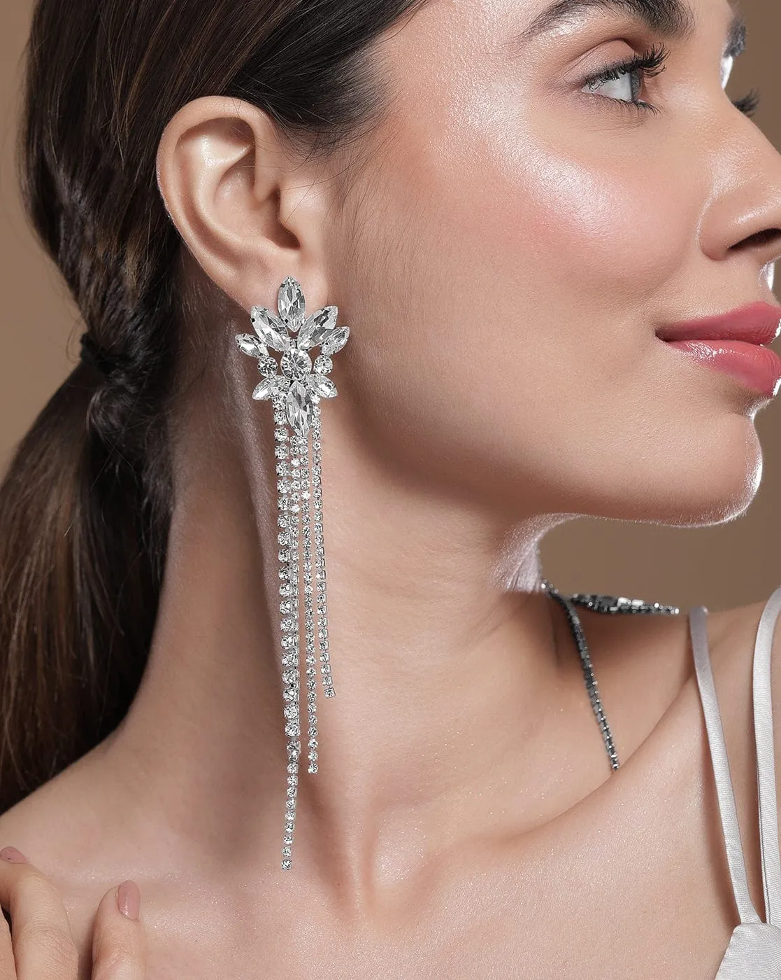 Rhodium Plated Crystal AD & Zirconia Studded Multi-Layer Shoulder Duster Drop Earrings