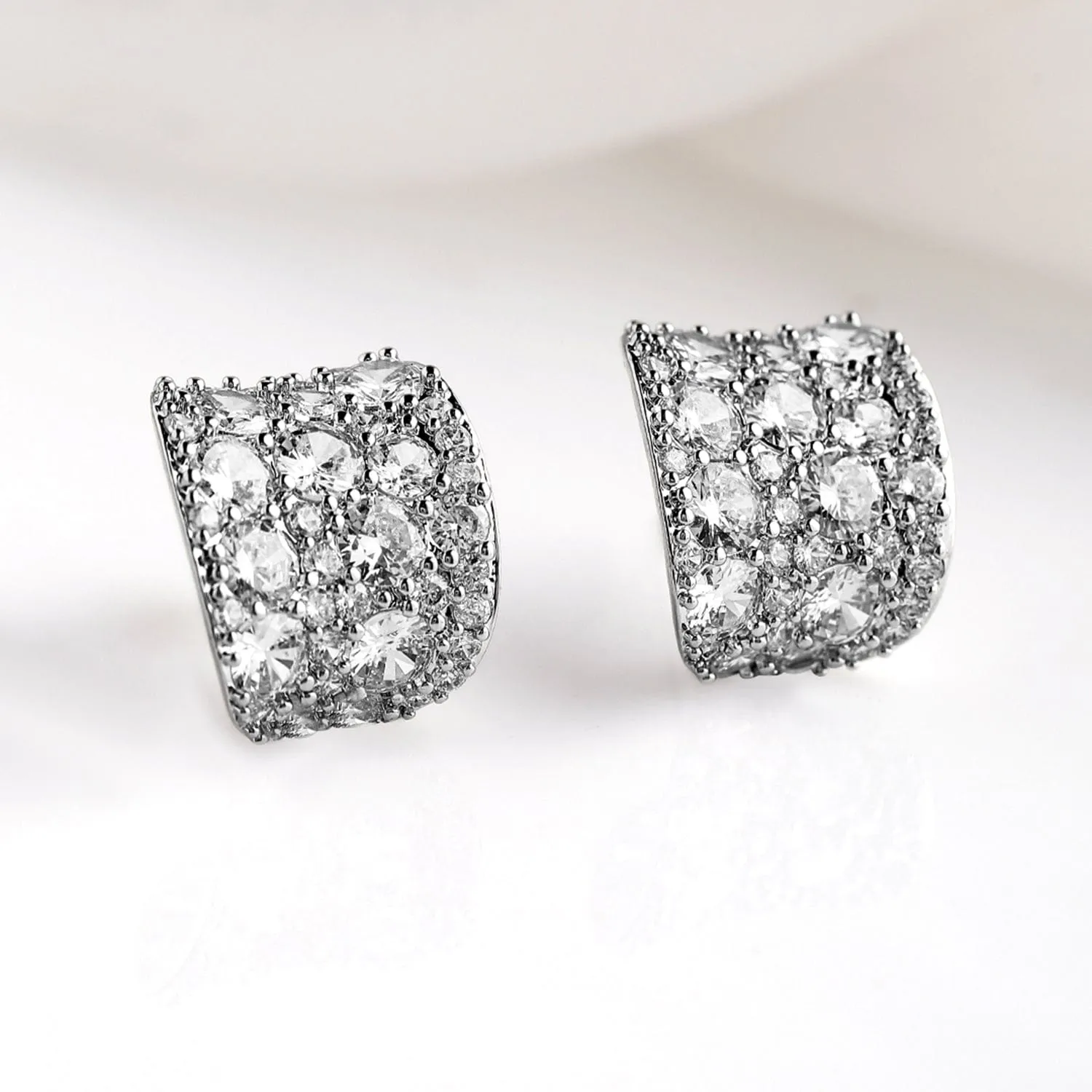 Rhodium Plated Sparkling AD & Cubic Zirconia Studded Luxurious Hoop Earrings