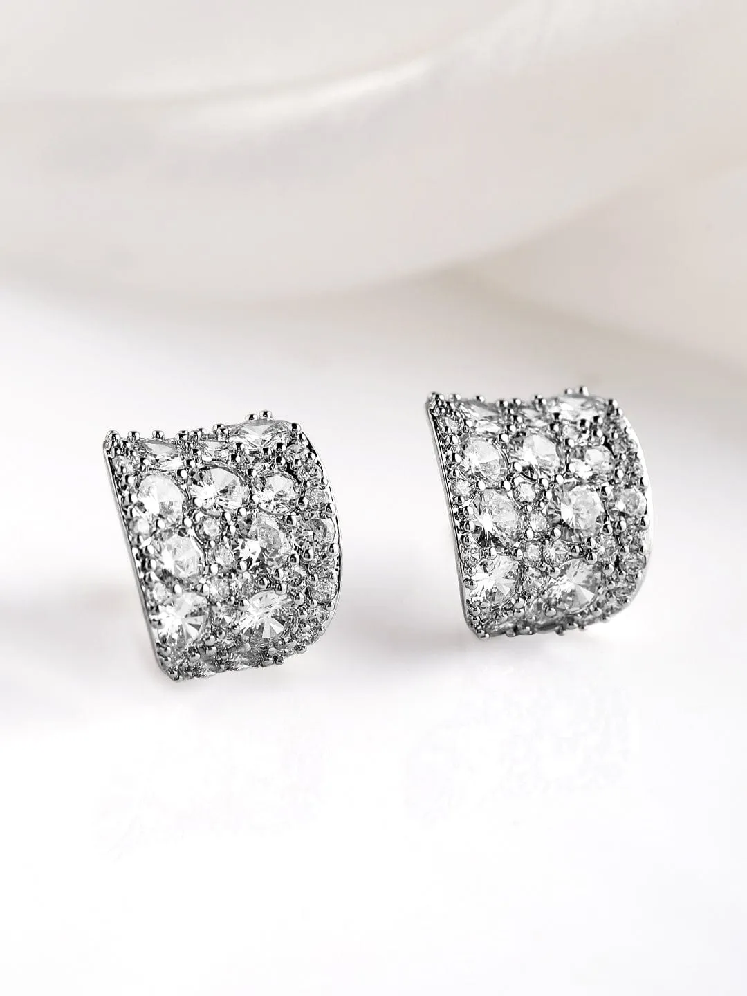 Rhodium Plated Sparkling AD & Cubic Zirconia Studded Luxurious Hoop Earrings