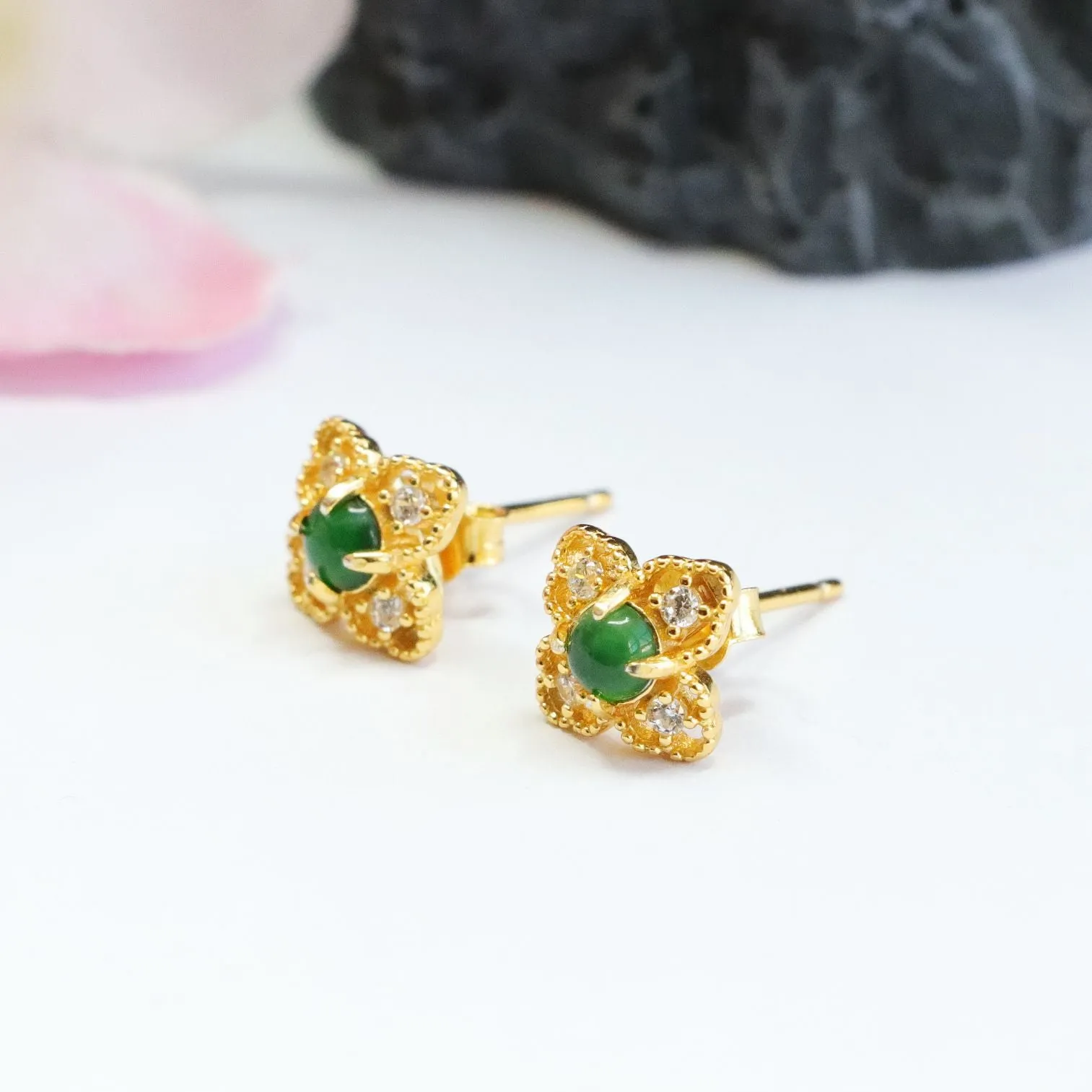 S925 Sterling Silver Ice Green Jade Petal Stud Earrings