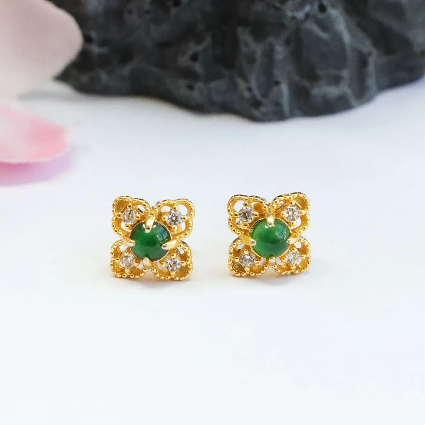 S925 Sterling Silver Ice Green Jade Petal Stud Earrings