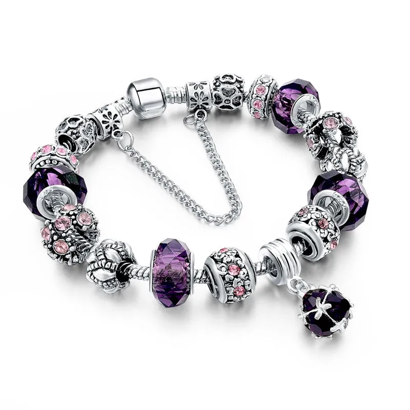 Silver DIY Jewelry Charm Flower Beads Bracelet Femme With Murano Purple Glass&Crystal Beads Pulseras