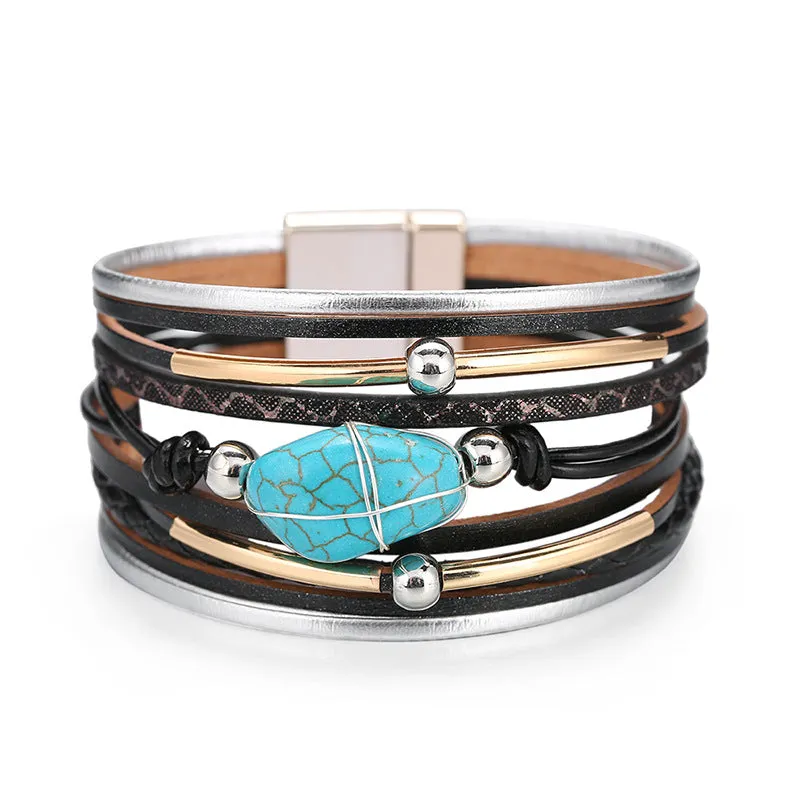 Sisslia Bohemian Multi Layer Leather Turquoise Beaded Cuff Bracelet Jewelry Leather Wrap Bracelet For Women