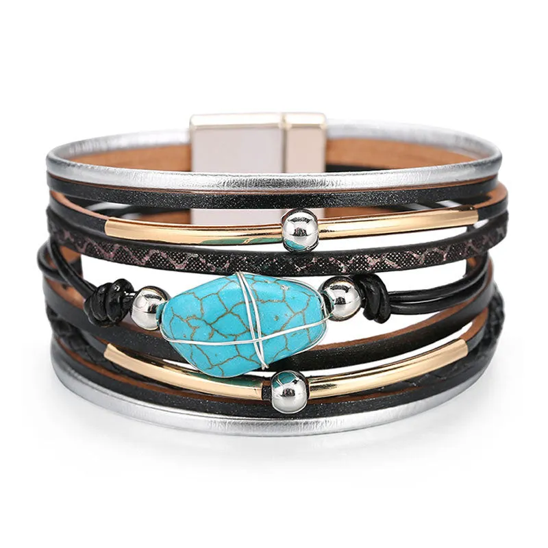 Sisslia Bohemian Multi Layer Leather Turquoise Beaded Cuff Bracelet Jewelry Leather Wrap Bracelet For Women