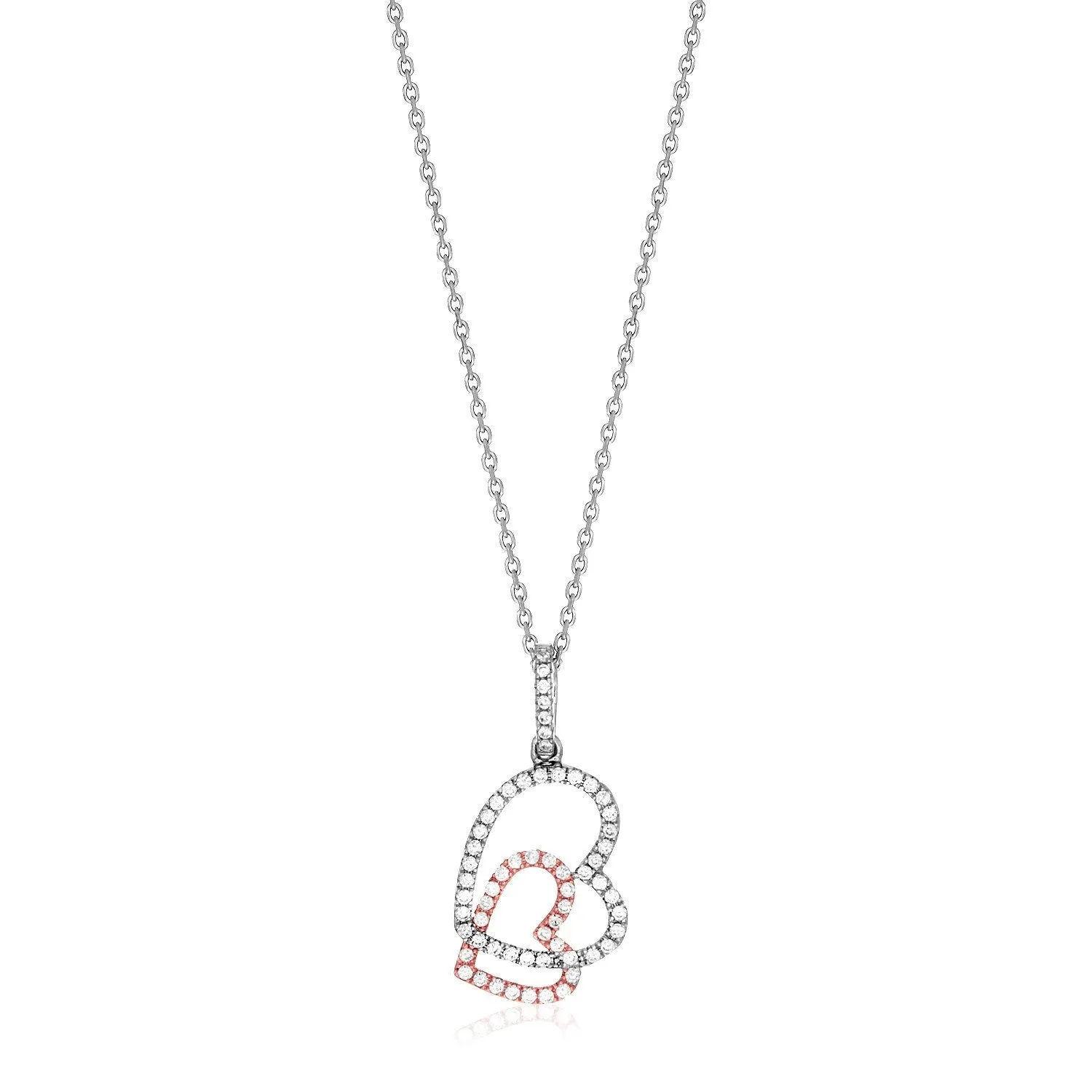 Size: 18'' - Sterling Silver Two Toned Necklace with Hearts and Cubic Zirconias