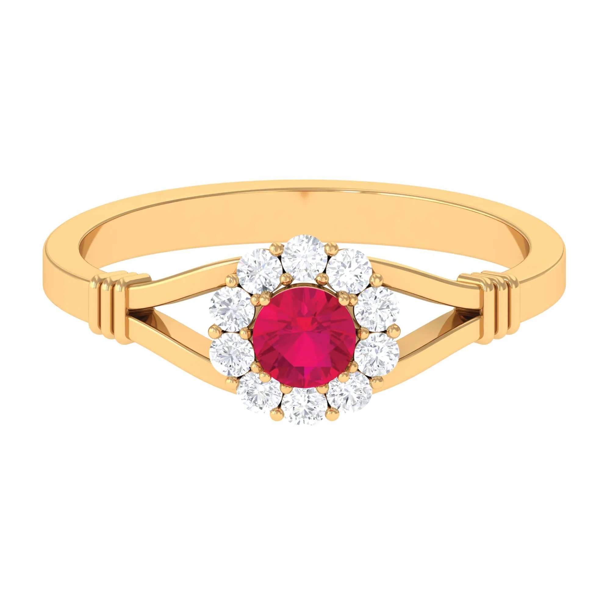 Split Shank Ruby and Diamond Halo Engagement Ring