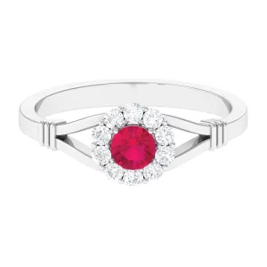 Split Shank Ruby and Diamond Halo Engagement Ring