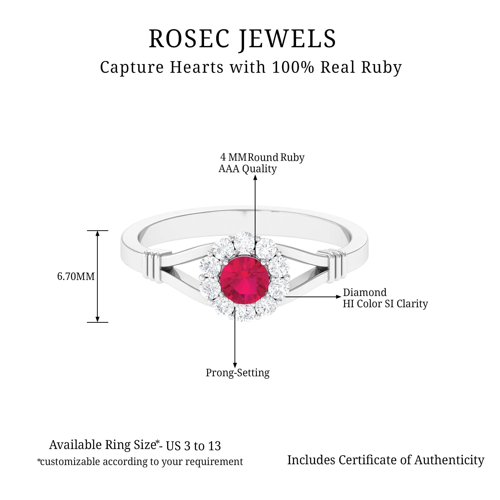 Split Shank Ruby and Diamond Halo Engagement Ring