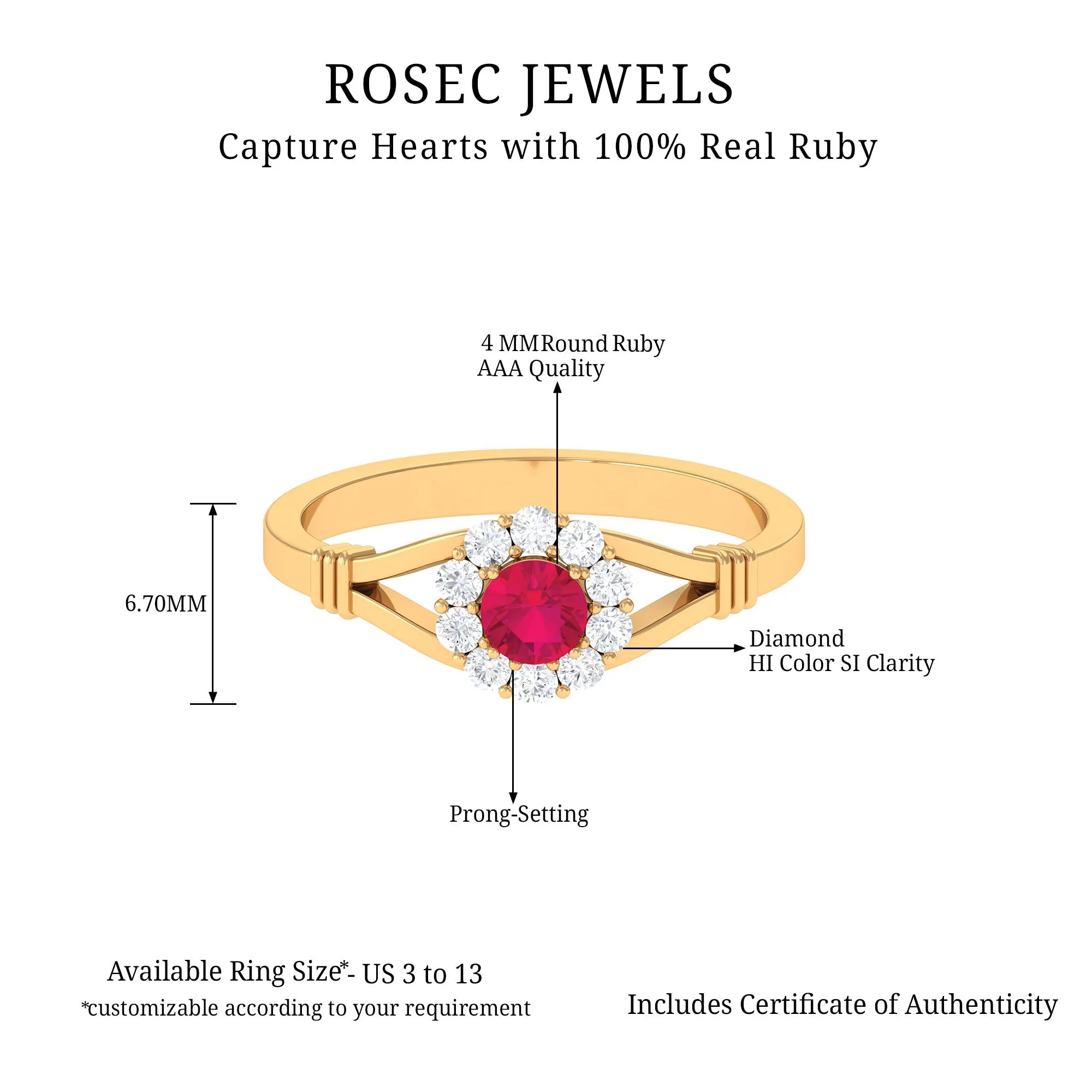 Split Shank Ruby and Diamond Halo Engagement Ring