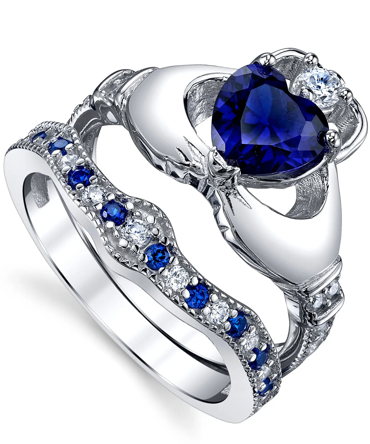 Sterling Silver 925 Irish Claddagh Friendship Love Engagement Wedding Ring Sets Simulated Sapphire Blue Heart CZ Cubic