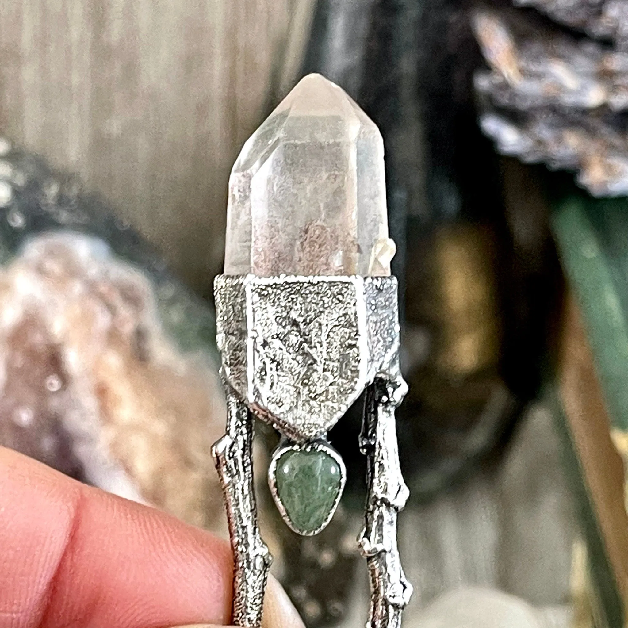 Sticks & Stones Collection- Raw Clear Quartz and Green Aventurine Necklace in Fine Silver /