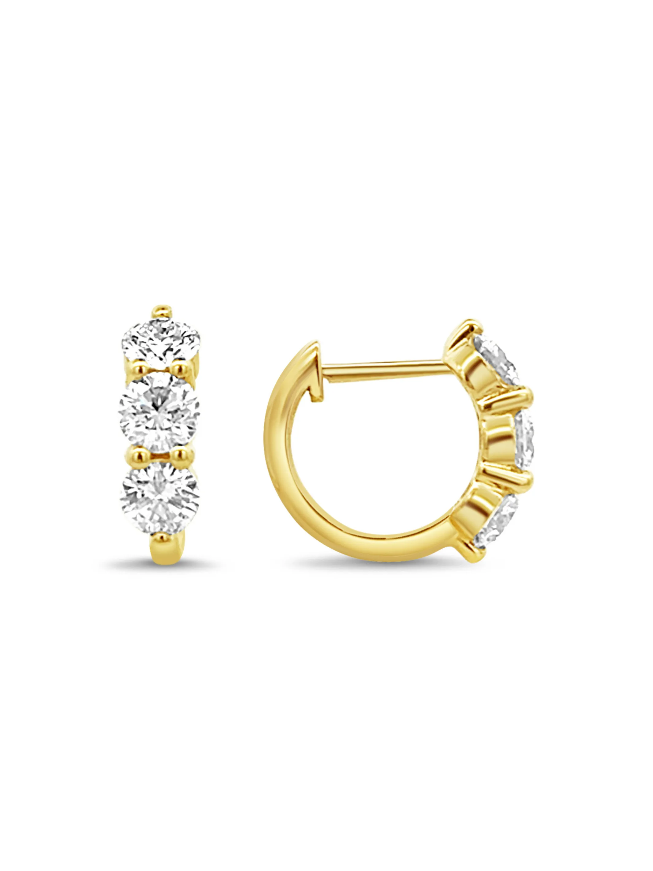 Three Stone Round Diamond Huggie Earrings 14K