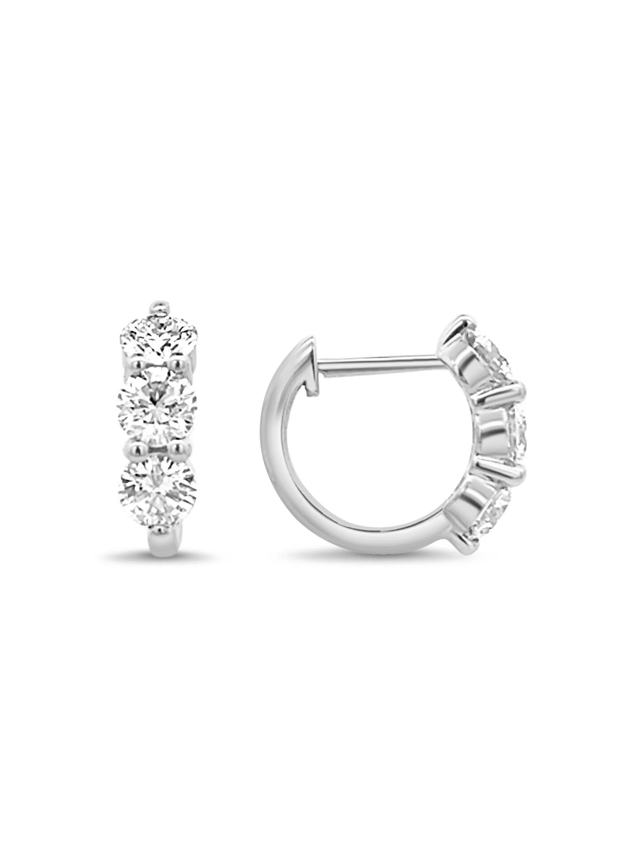 Three Stone Round Diamond Huggie Earrings 14K