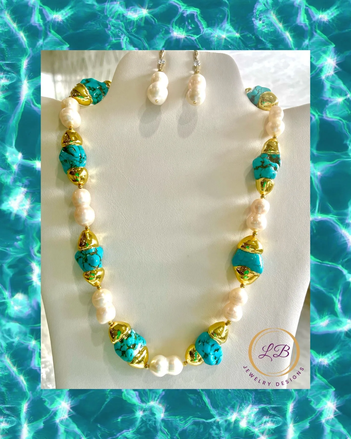 Twin Pearls & Turquoise Gemstones Statement Necklace/Earrings Set 18”