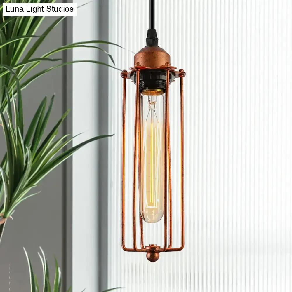 Vintage-Style 1-Bulb Dark Rust Tube Pendant Lighting with Wire Guard for Kitchen